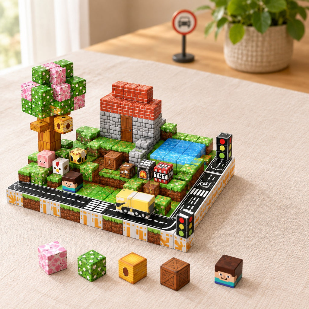 Suburb City magnetic building cubes, 100 cubes set built on a table