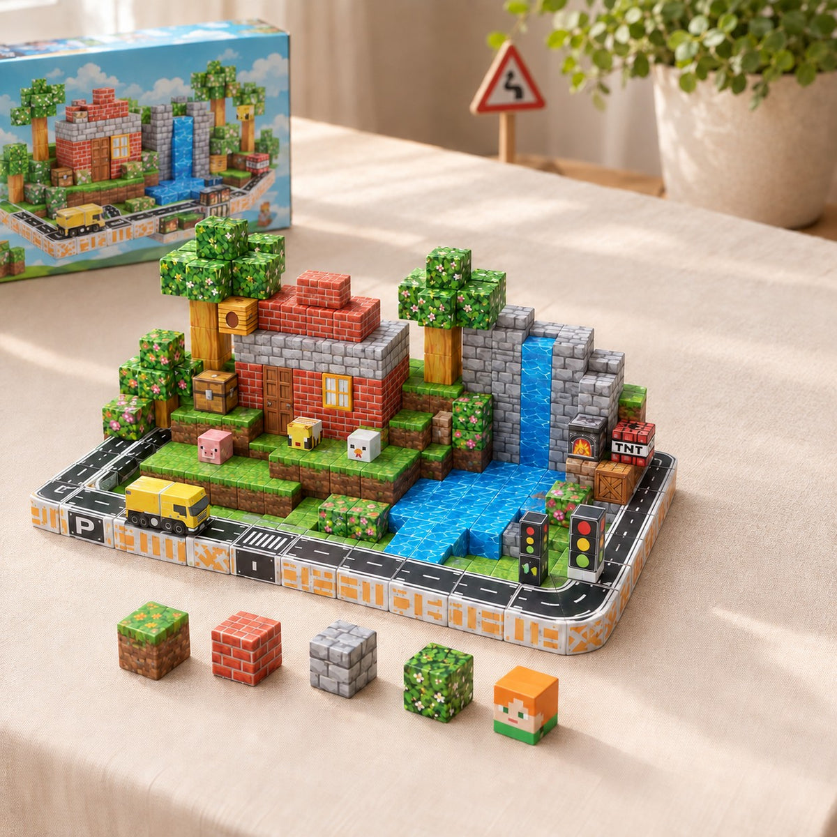 Suburb City magnetic building cubes, 150 cubes set built on a table