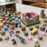 Suburb City magnetic cubes spread on the table, build in progress