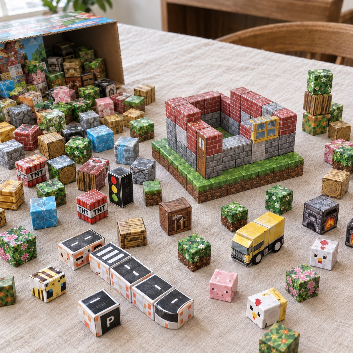 Suburb City magnetic cubes spread on the table, build in progress