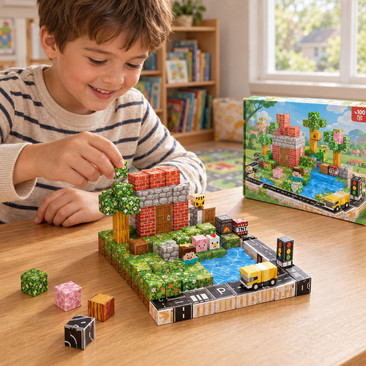 Child building the Suburb City set with magnetic cubes
