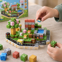 Child's hands building the Suburb City magnetic cube set