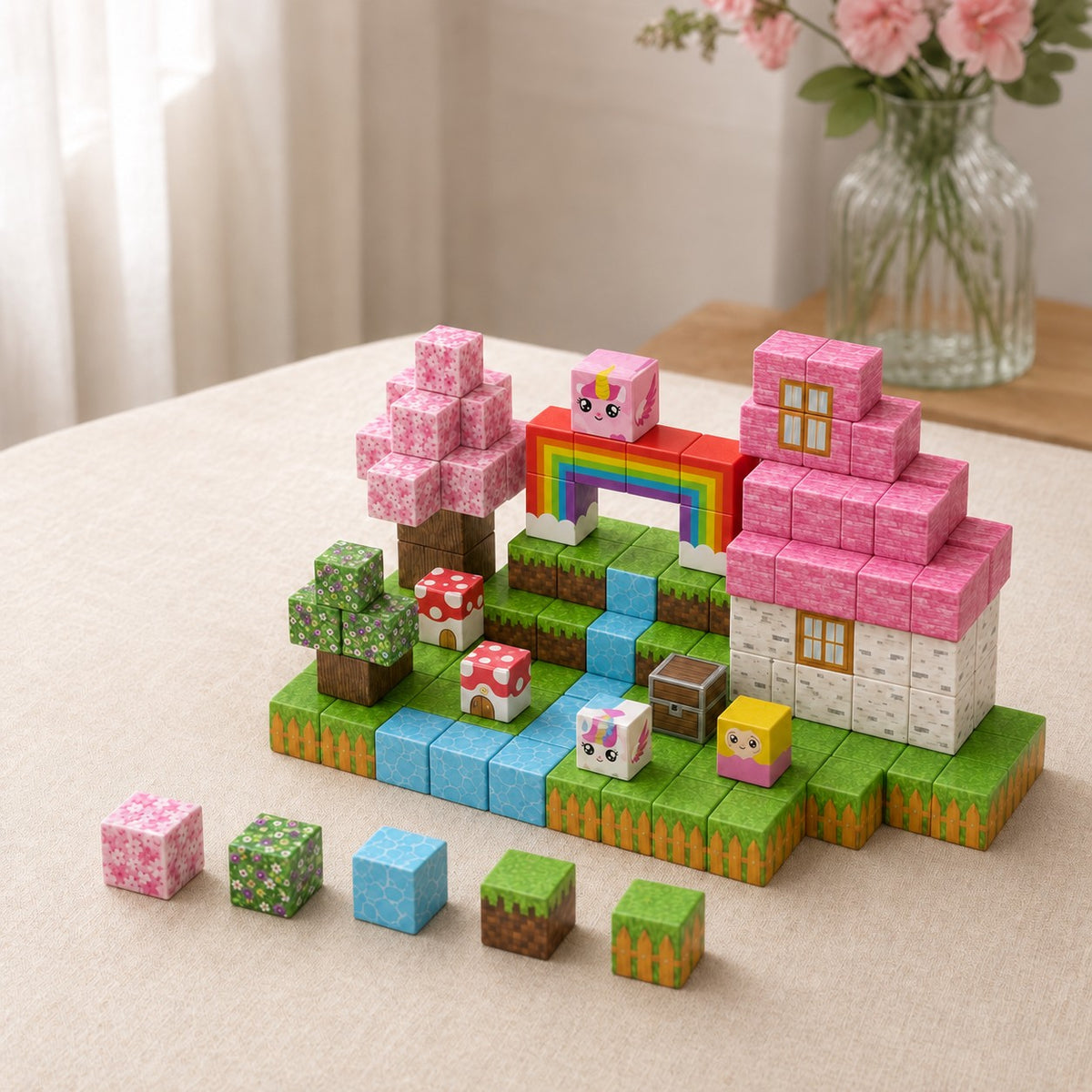 Unicorn World magnetic building cubes, 100 cubes set built on a table