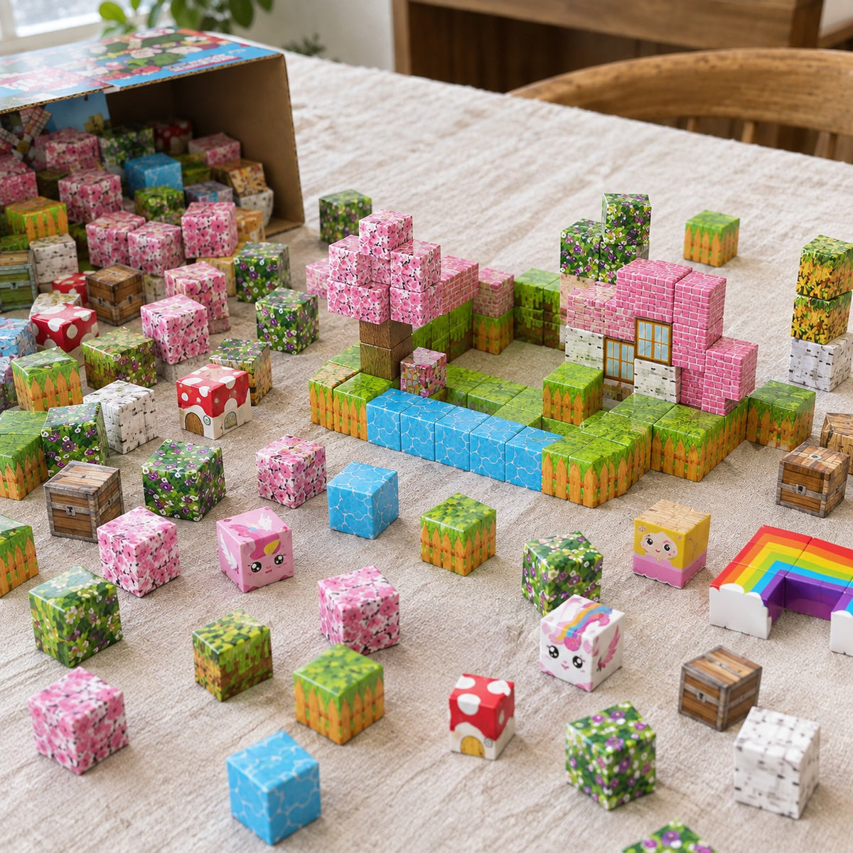Unicorn World magnetic cubes spread on the table, build in progress