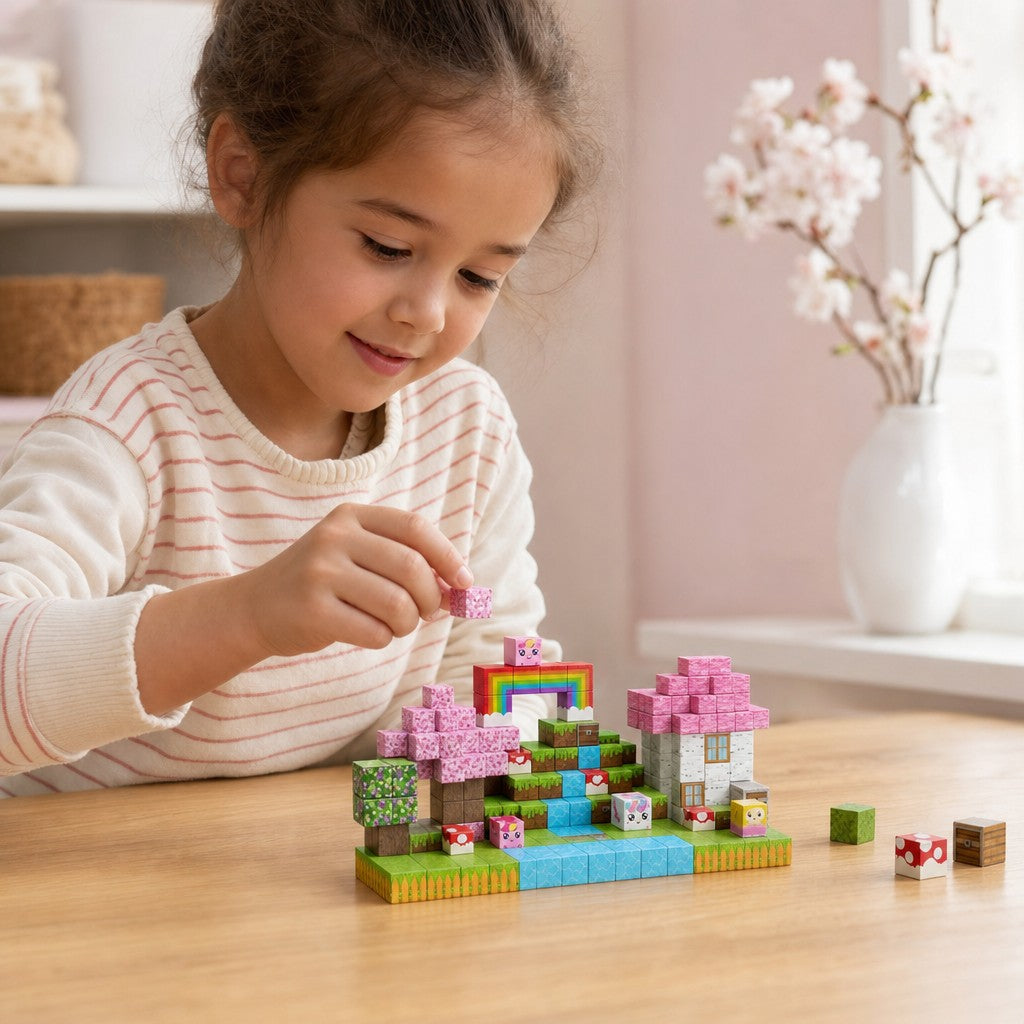 Child building the Unicorn World set with magnetic cubes