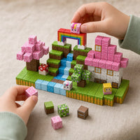 Child's hands building the Unicorn World magnetic cube set