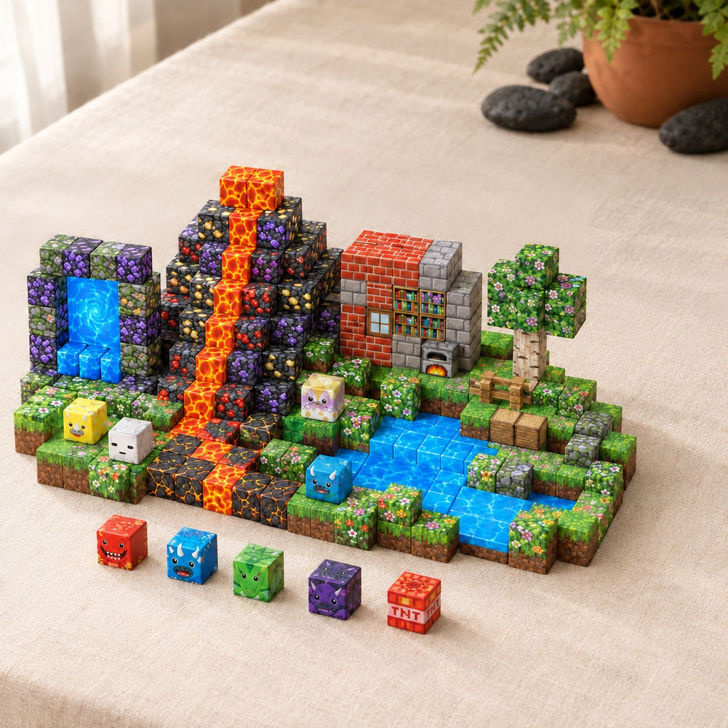 Volcano Basin magnetic building cubes, 150 cubes set built on a table