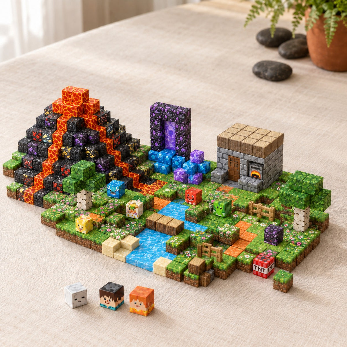 Volcano Basin magnetic building cubes, 300 cubes set built on a table