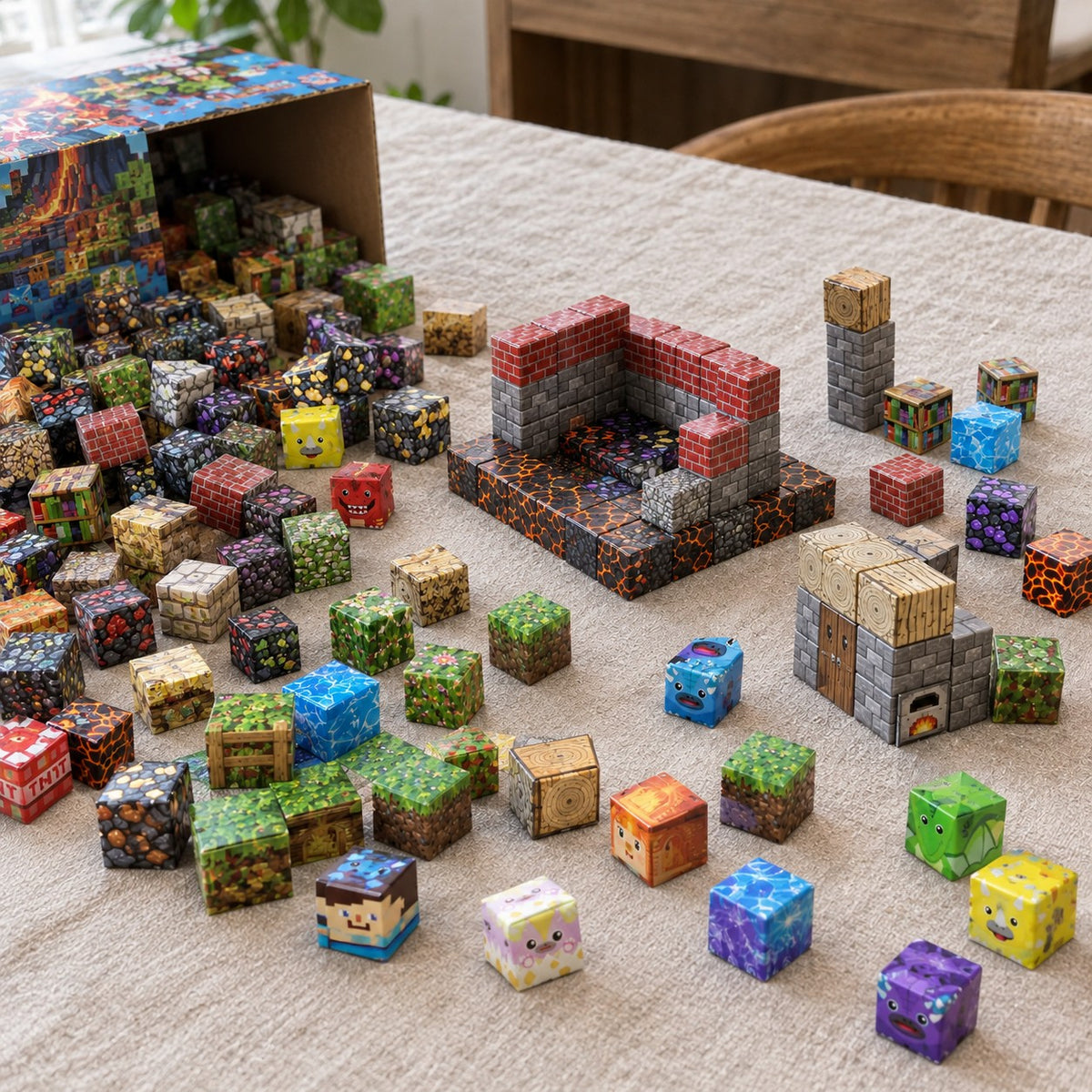 Volcano Basin magnetic cubes spread on the table, build in progress