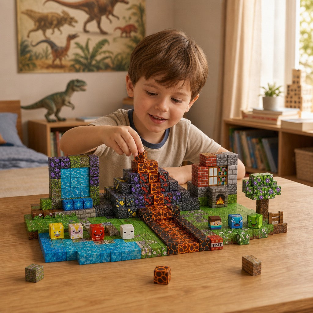 Child building the Volcano Basin set with magnetic cubes