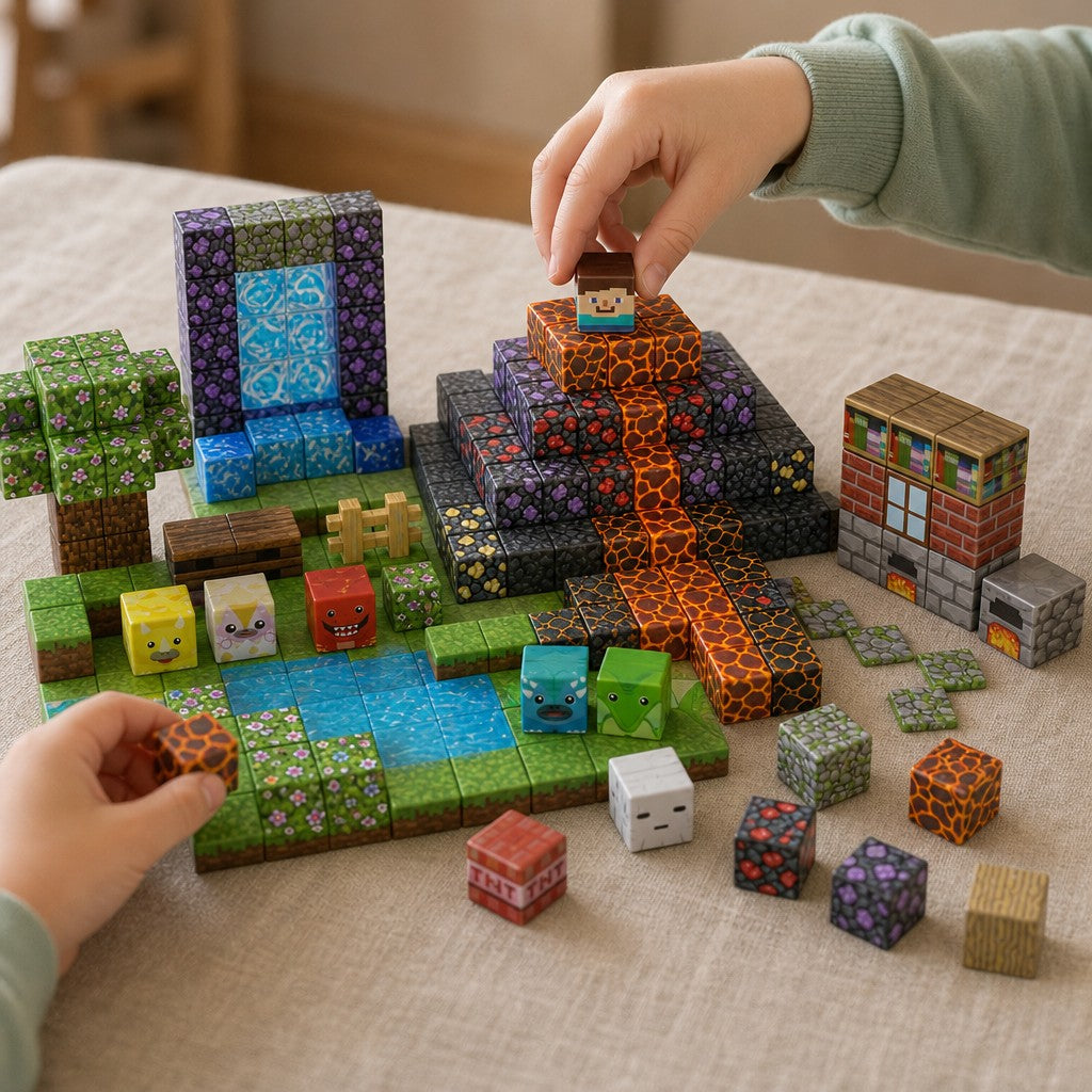 Child's hands building the Volcano Basin magnetic cube set