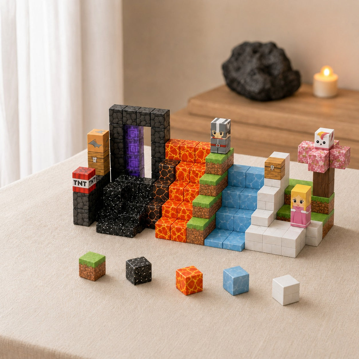 Volcano Portal magnetic building cubes, 120 cubes set built on a table