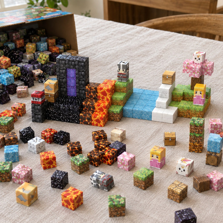 Volcano Portal magnetic cubes spread on the table, build in progress