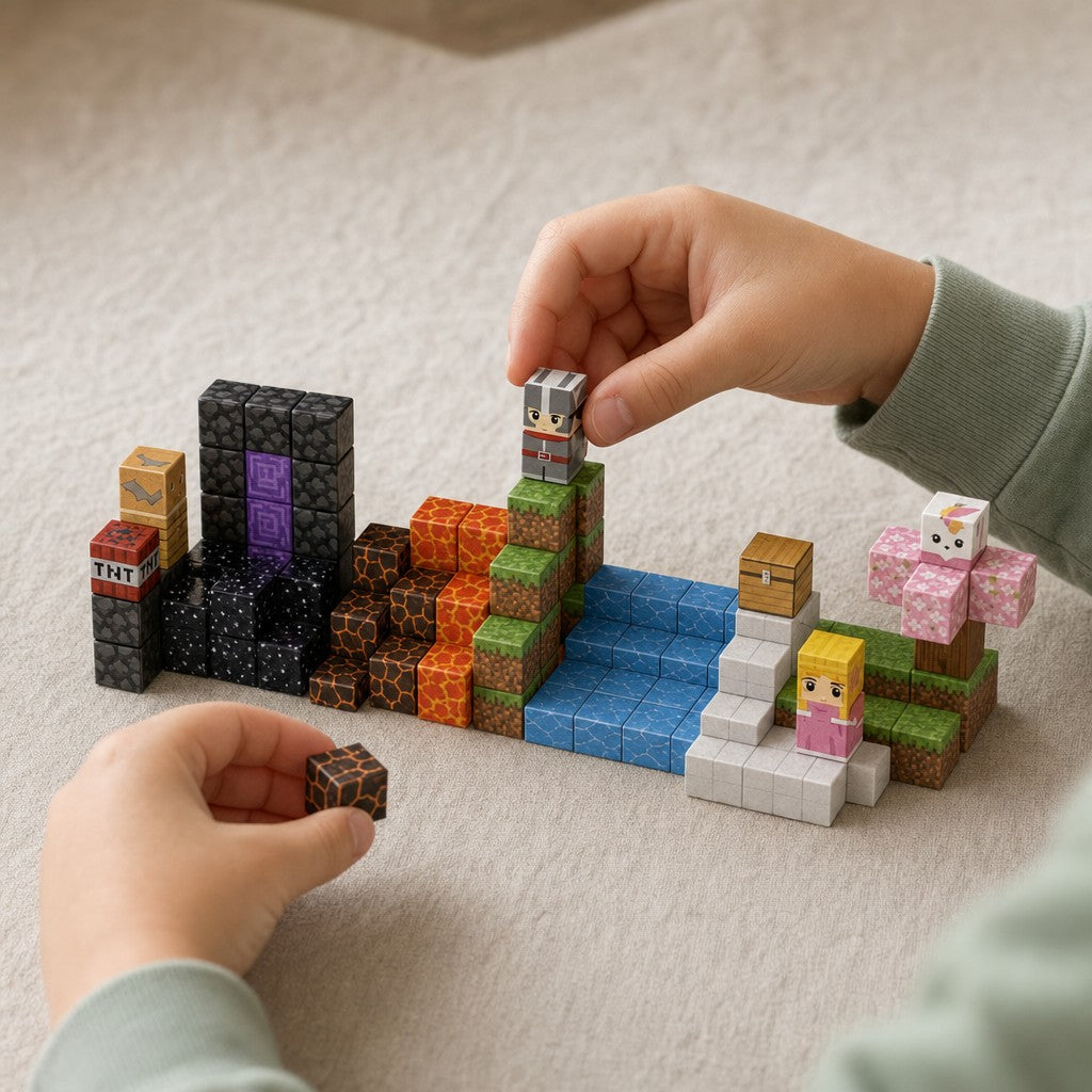 Child's hands building the Volcano Portal magnetic cube set