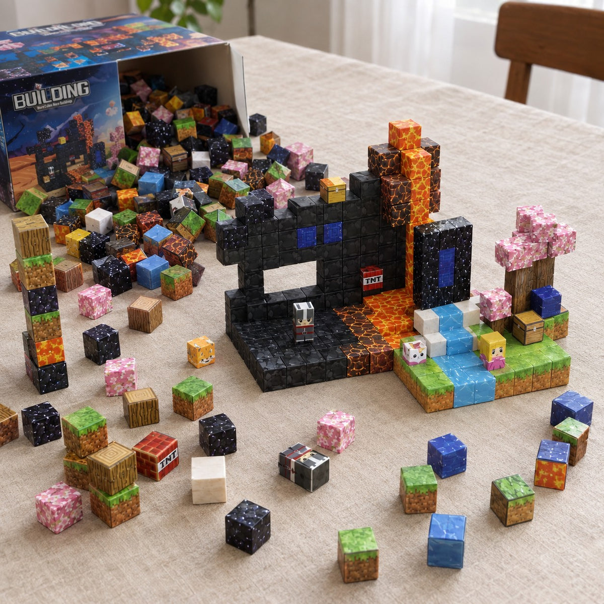 Volcano World magnetic cubes spread on the table, build in progress