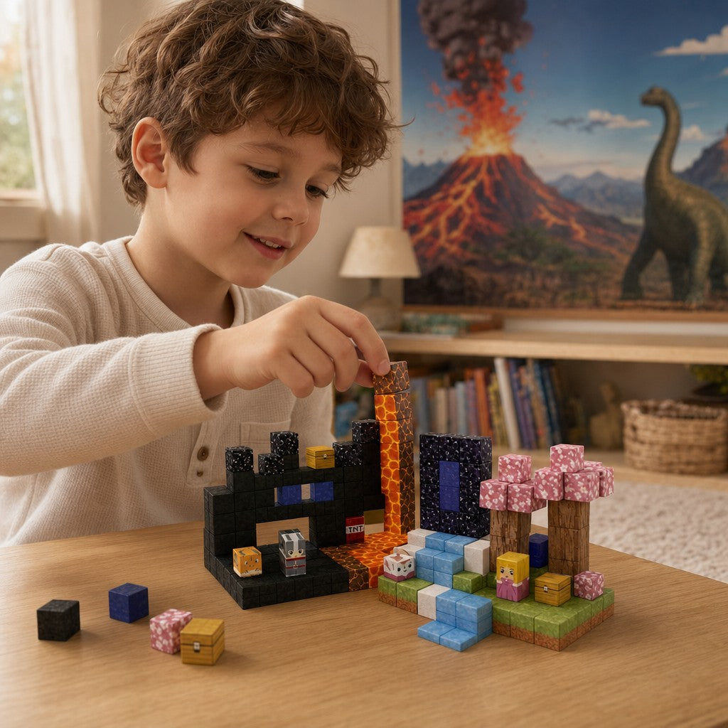 Child building the Volcano World set with magnetic cubes