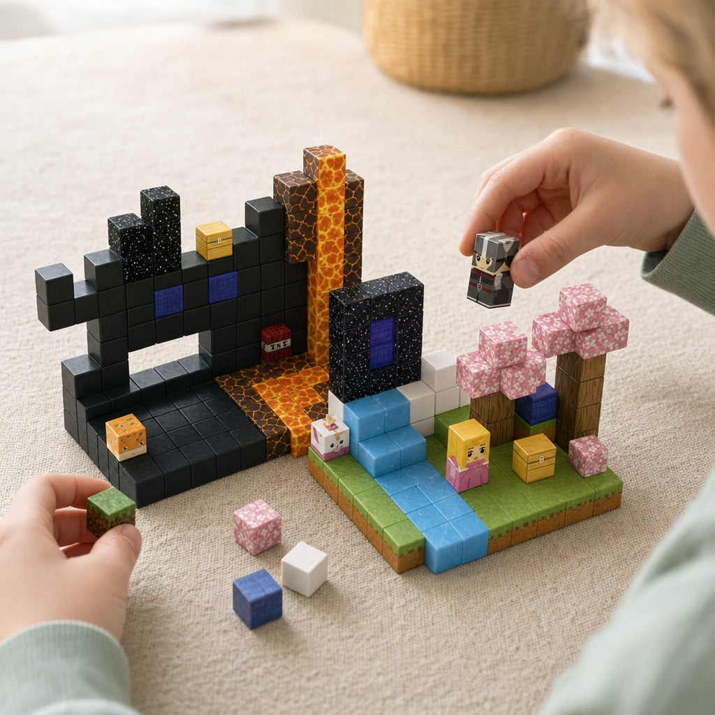 Child's hands building the Volcano World magnetic cube set