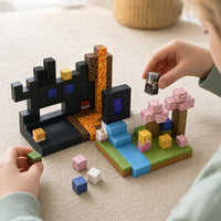 Child's hands building the Volcano World magnetic cube set