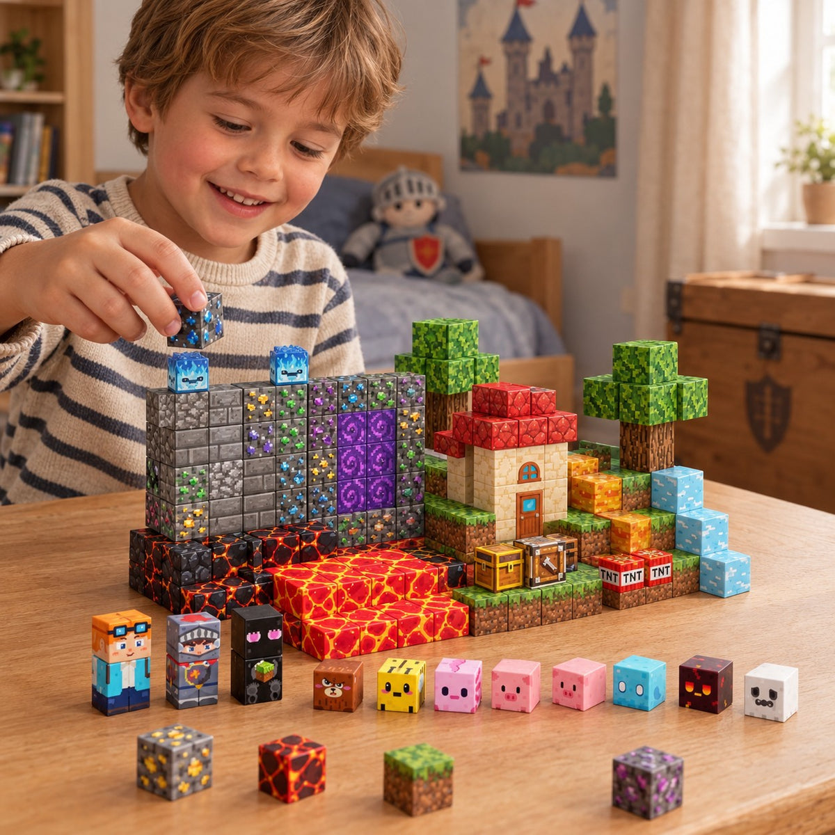 Child building the Warrior Battle set with magnetic cubes