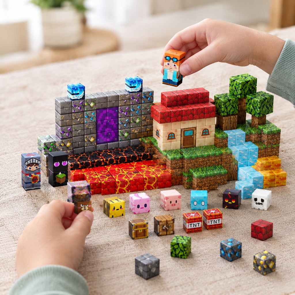 Child's hands building the Warrior Battle magnetic cube set