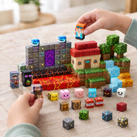 Child's hands building the Warrior Battle magnetic cube set