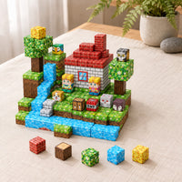 Waterfall Cabin magnetic building cubes, 100 cubes set built on a table
