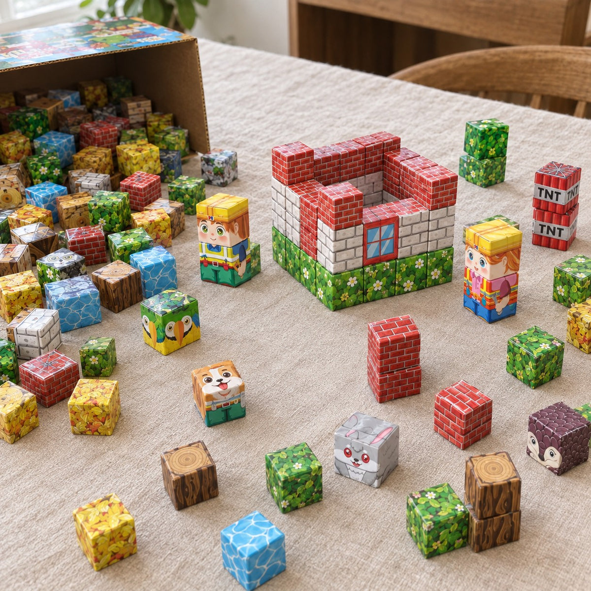 Waterfall Cabin magnetic cubes spread on the table, build in progress