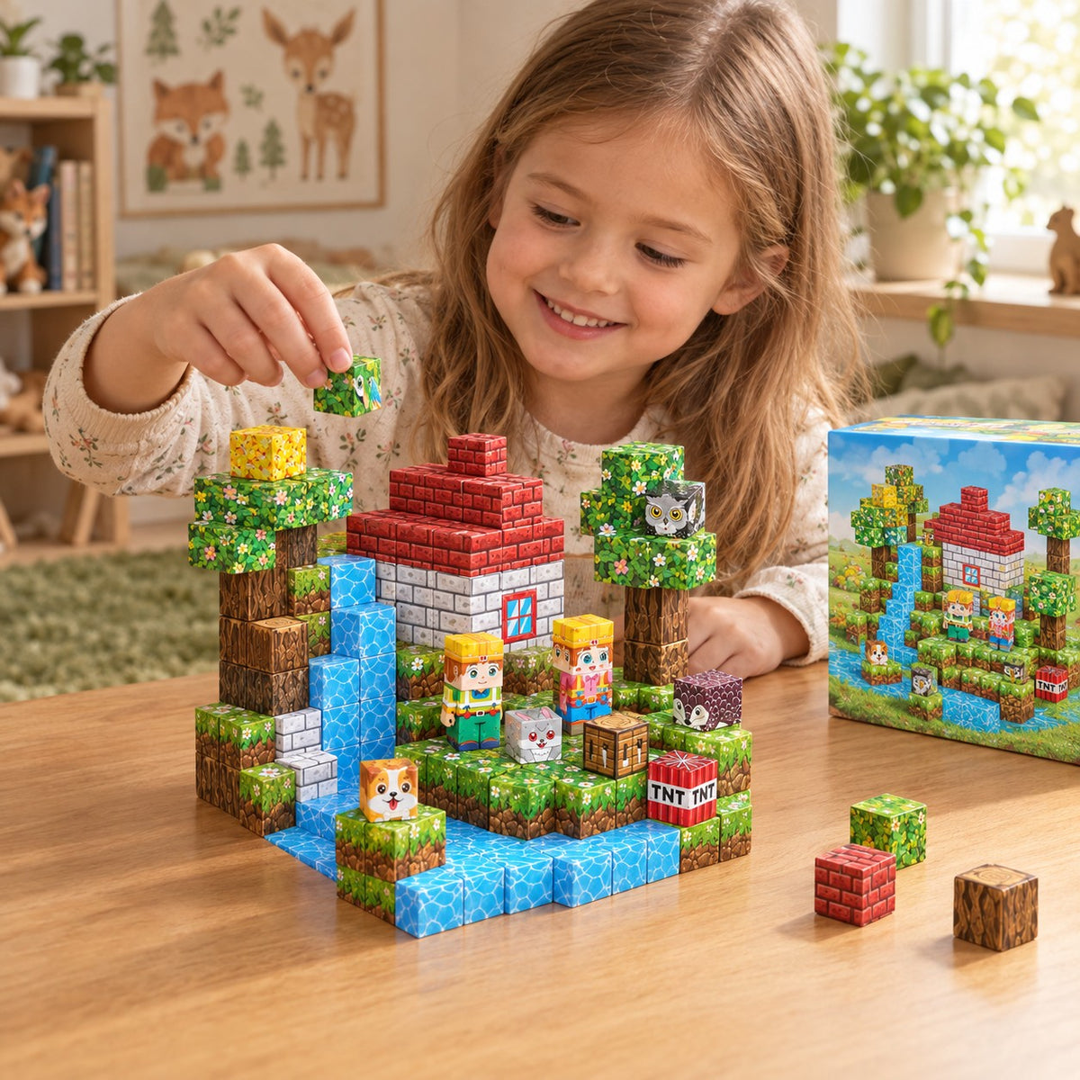 Child building the Waterfall Cabin set with magnetic cubes
