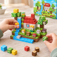 Child's hands building the Waterfall Cabin magnetic cube set