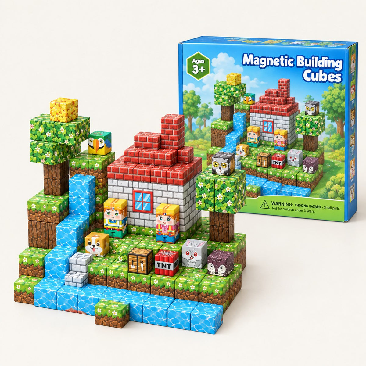 Waterfall Cabin magnetic building cubes set with its box
