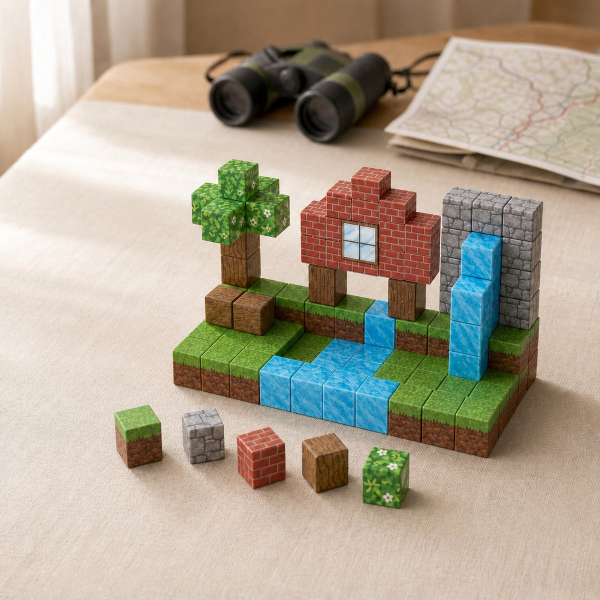 Wild Forest magnetic building cubes, 48 cubes set built on a table