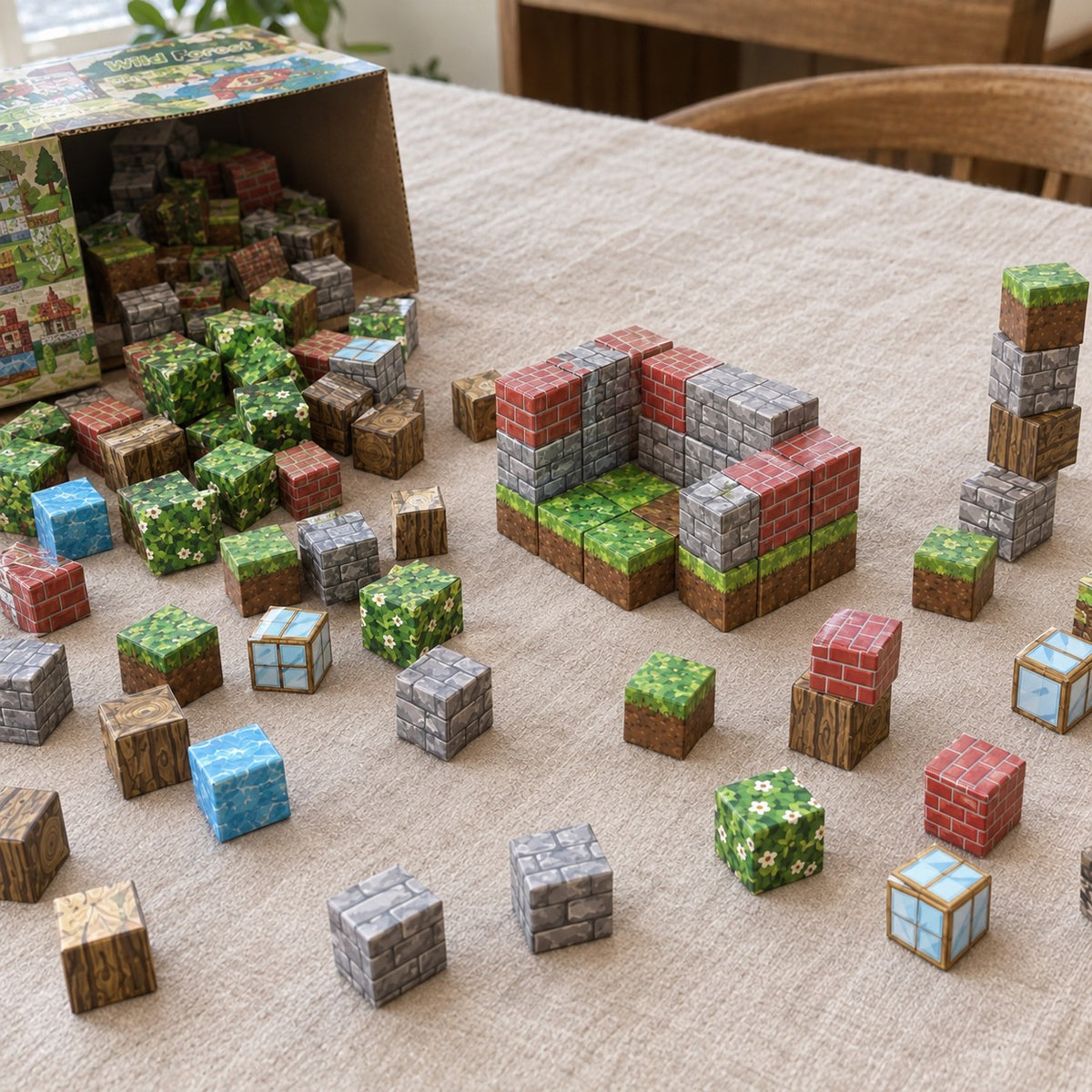 Wild Forest magnetic cubes spread on the table, build in progress