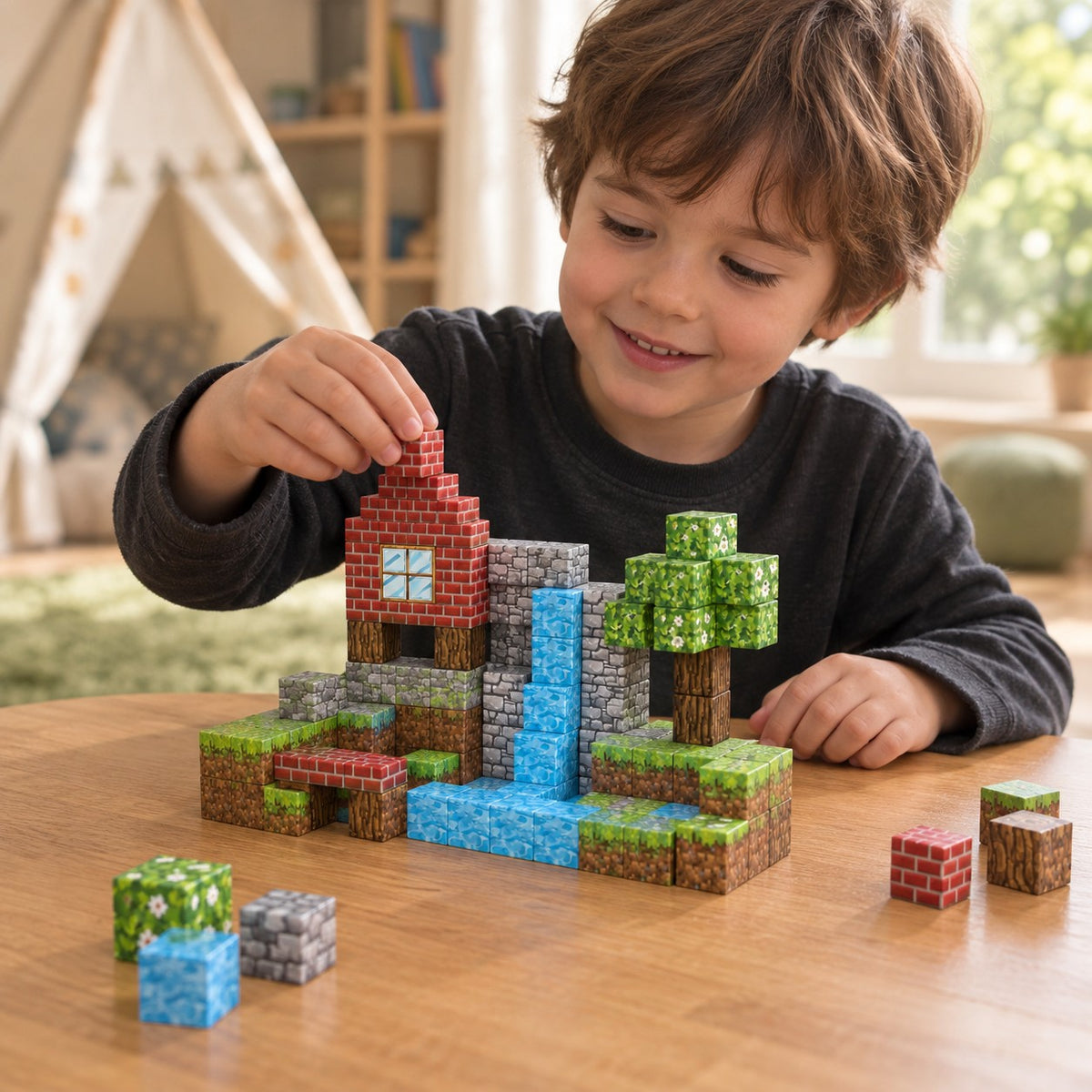 Child building the Wild Forest set with magnetic cubes