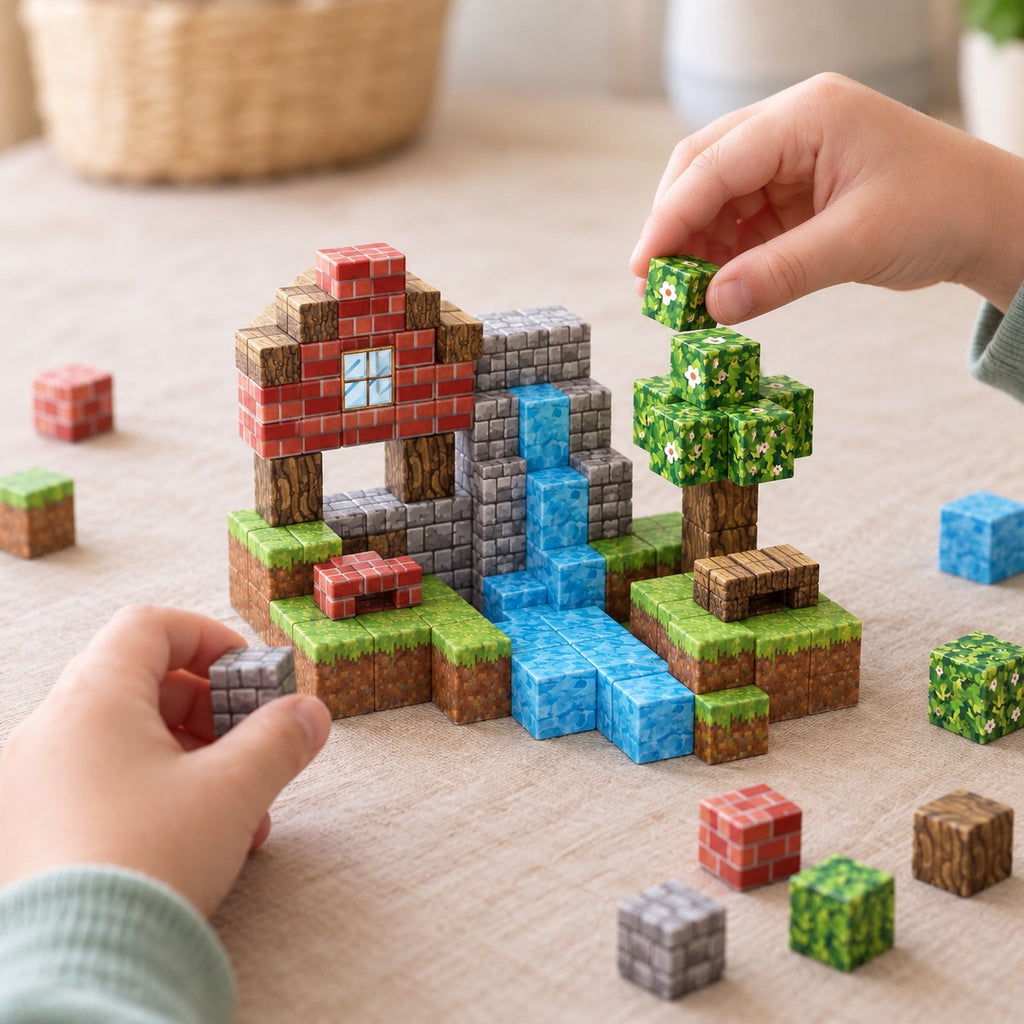 Child's hands building the Wild Forest magnetic cube set