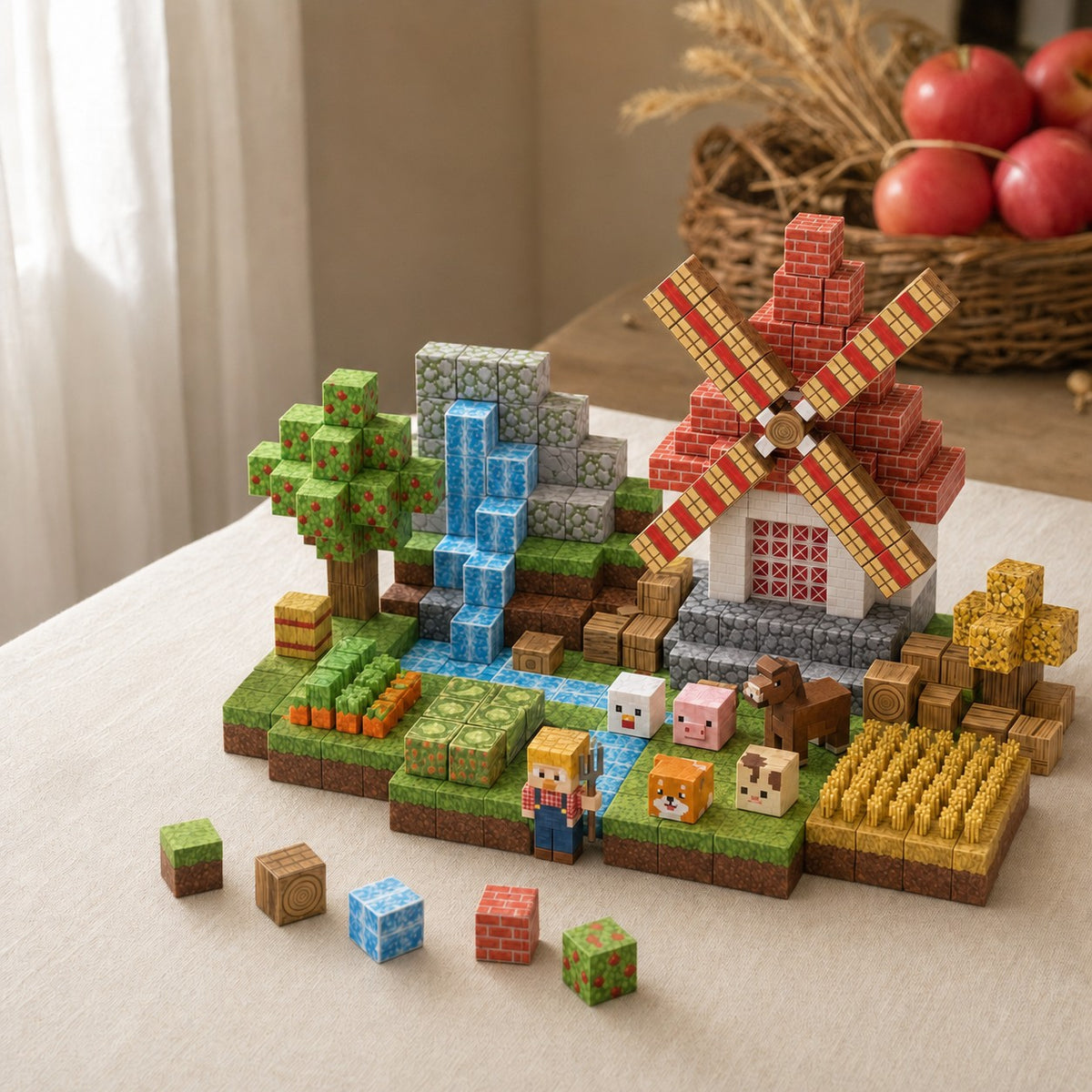 Windmill Farm magnetic building cubes, 150 cubes set built on a table