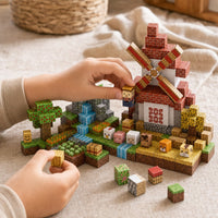 Child's hands building the Windmill Farm magnetic cube set