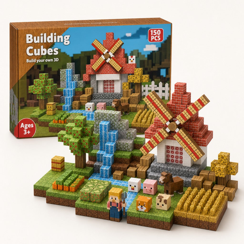 Windmill Farm magnetic building cubes set with its box