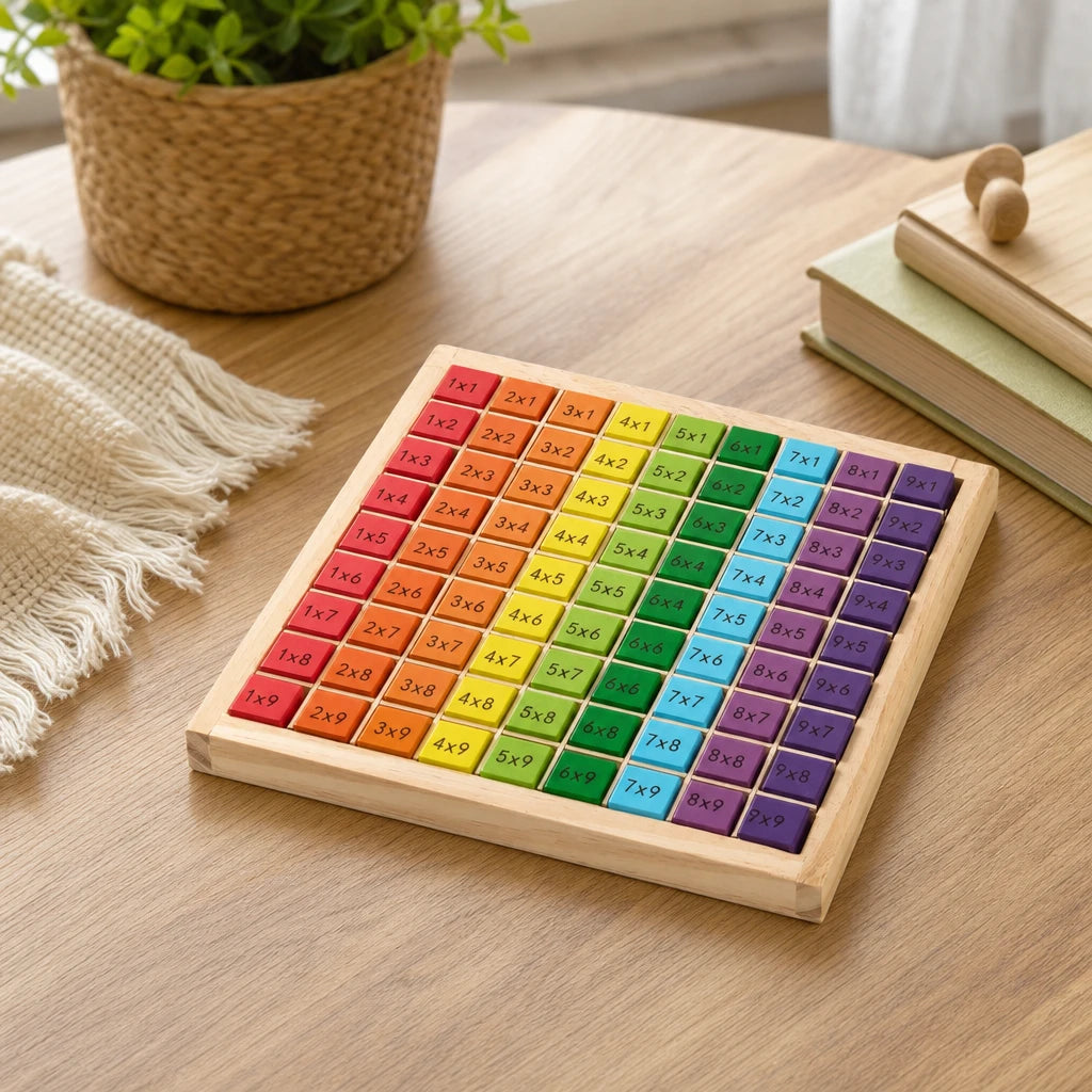 Multiplication Table Board – Wooden Math Learning set out on a real table at home
