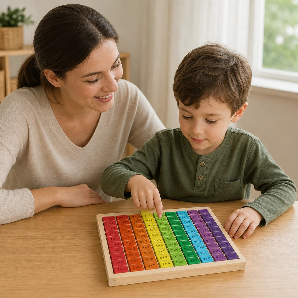 Child playing with the Multiplication Table Board – Wooden Math Learning