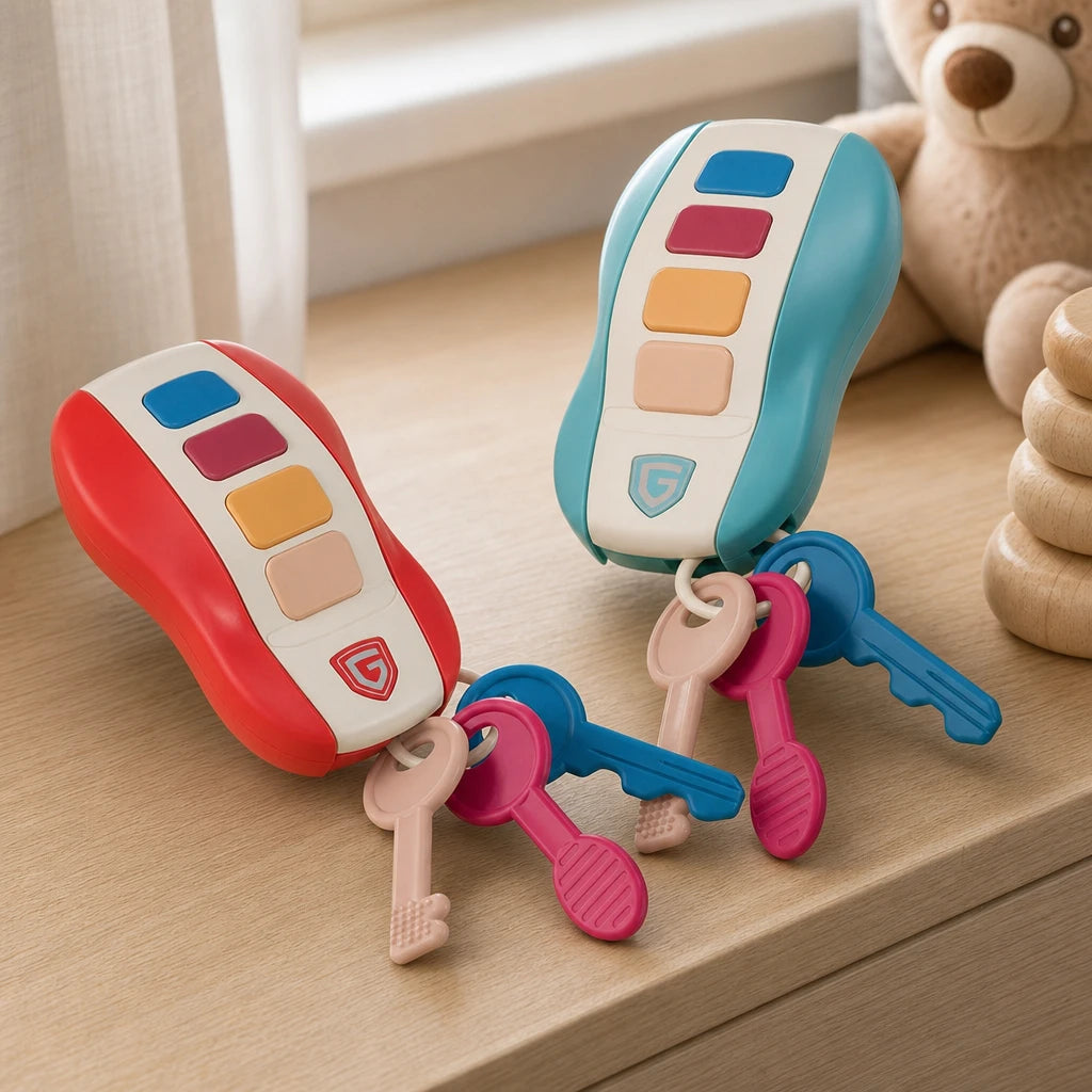 Musical Toy Keys with Buttons and Sound set out on a real table at home