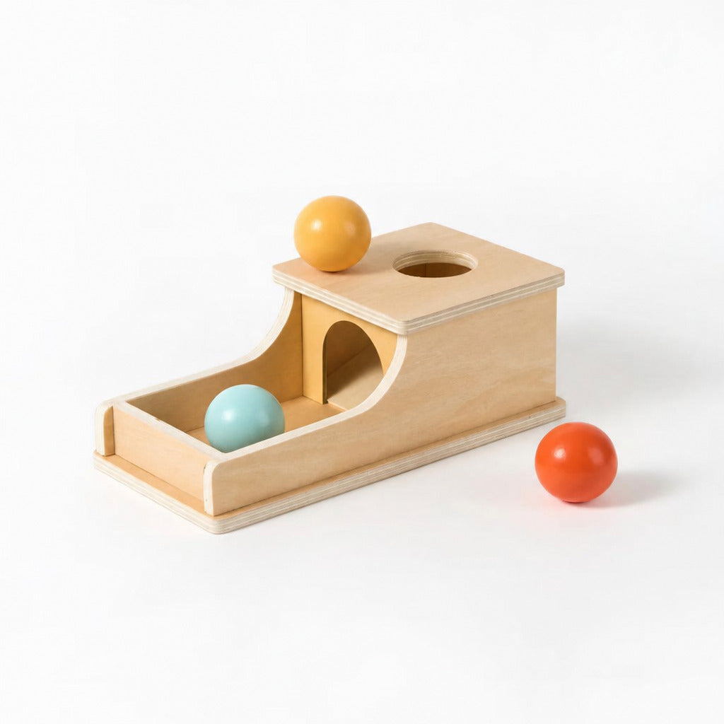 Wooden object permanence box with ramp and two balls