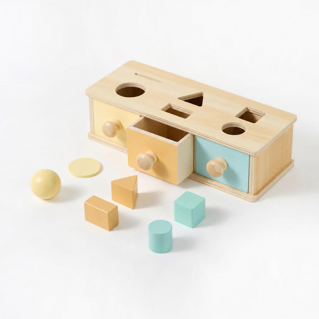 Object permanence box with drawer, shape lid and wooden blocks