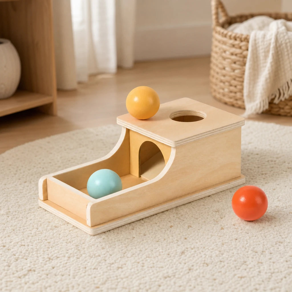 Object Permanence Box with Ball Return set out on a real table at home