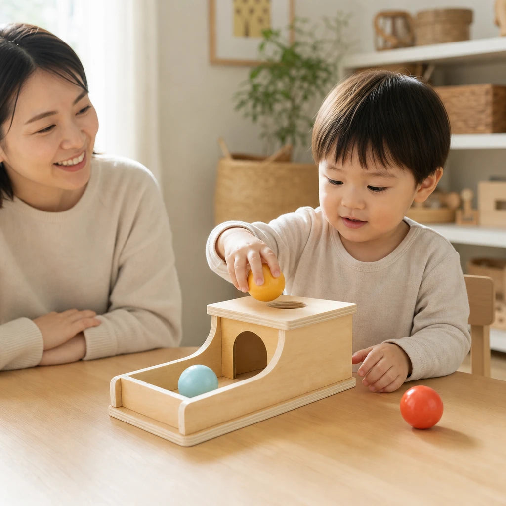 Child playing with the Object Permanence Box with Ball Return