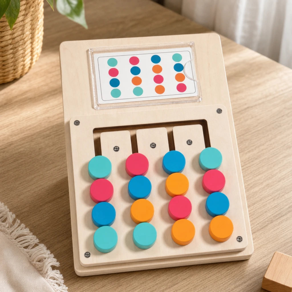 Pattern Matching Game – Wooden Logic Puzzle set out on a real table at home
