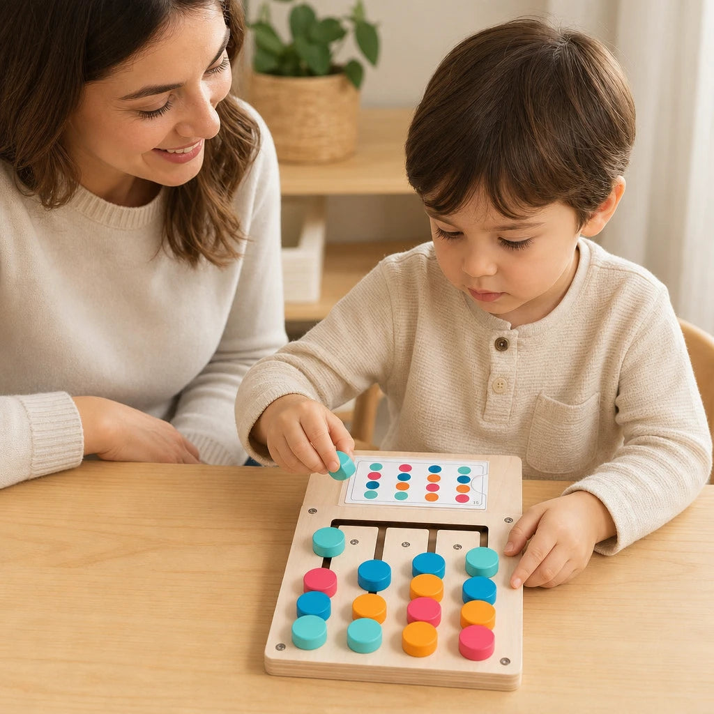 Child playing with the Pattern Matching Game – Wooden Logic Puzzle