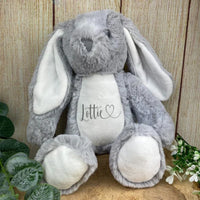 Grey plush bunny embroidered with a personalised name