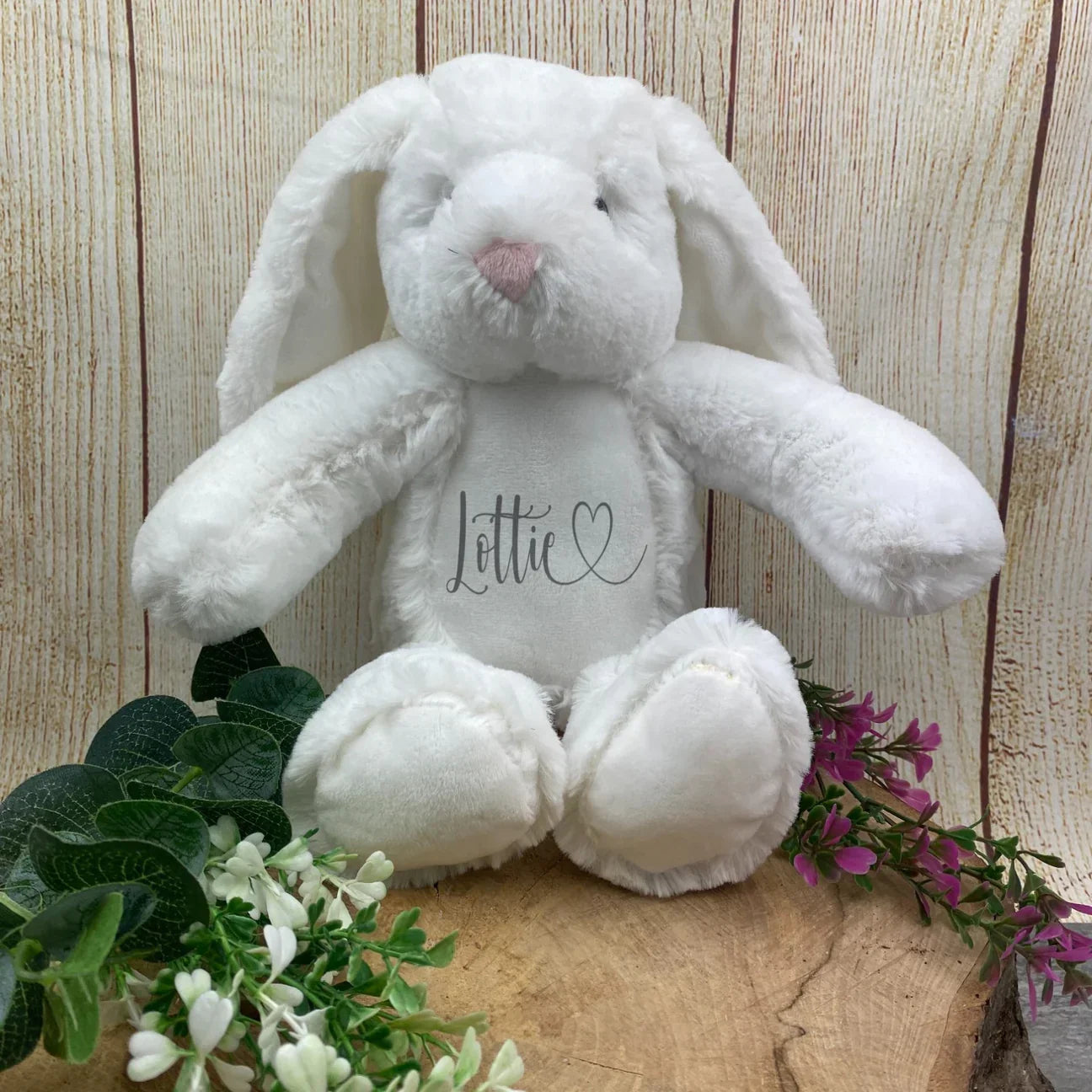 White plush bunny embroidered with a personalised name
