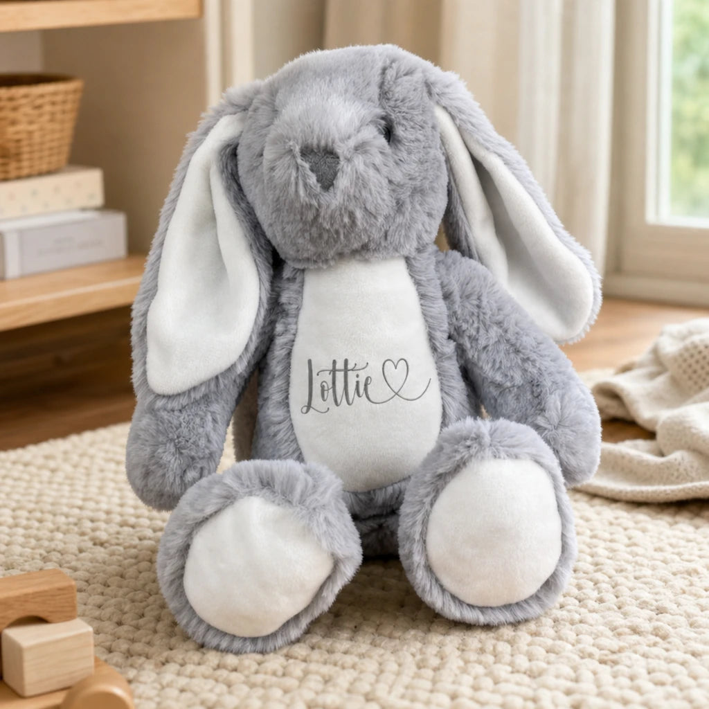 Personalized Bunny with Custom Name set out on a real table at home