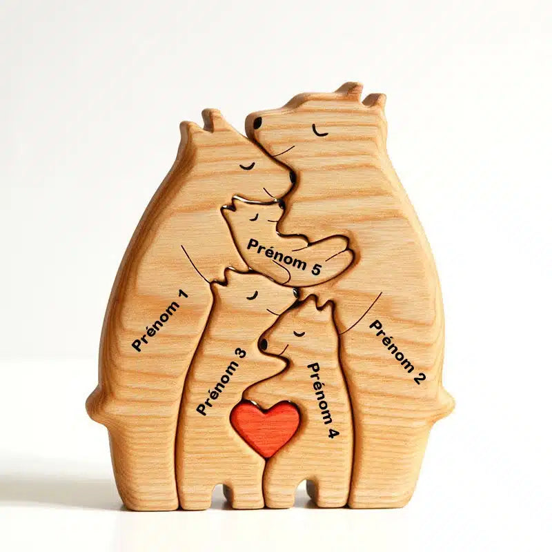 Wooden bear family puzzle engraved with five names and a red heart